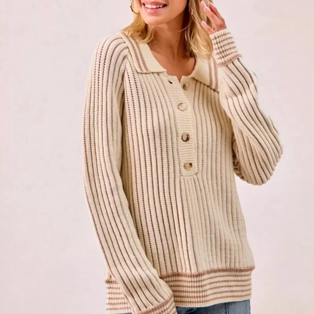 BiBi Half Button Ribbed Two Tone Sweater - Picture 10 of 16
